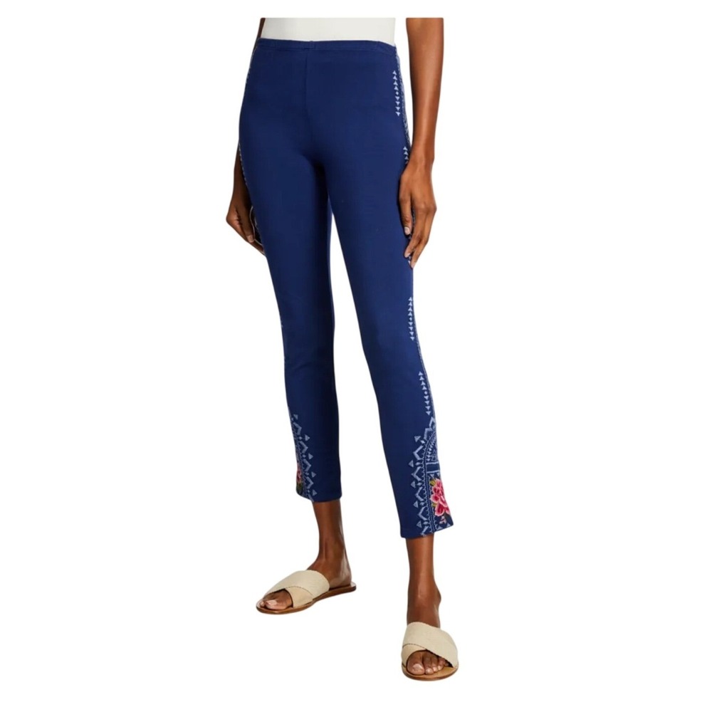 JW Los Angeles Johnny Was Blue Embroidered Floral Leggings Pants J63919-2 Small